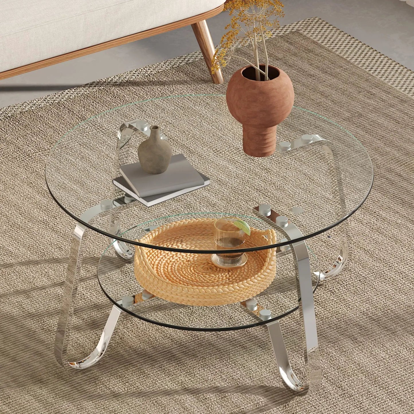 Double Layer Coffee Table glass top, chrome legs, two-tier design on Tampa Home & Garden Store