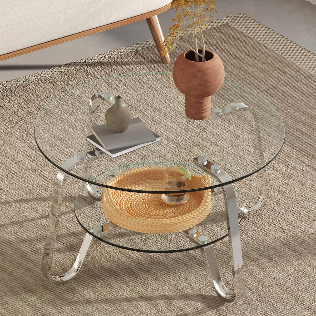 Double-layer glass coffee table with curved chrome legs and two circular tiers by HouseOfZazla on Tampa Home & Garden Store