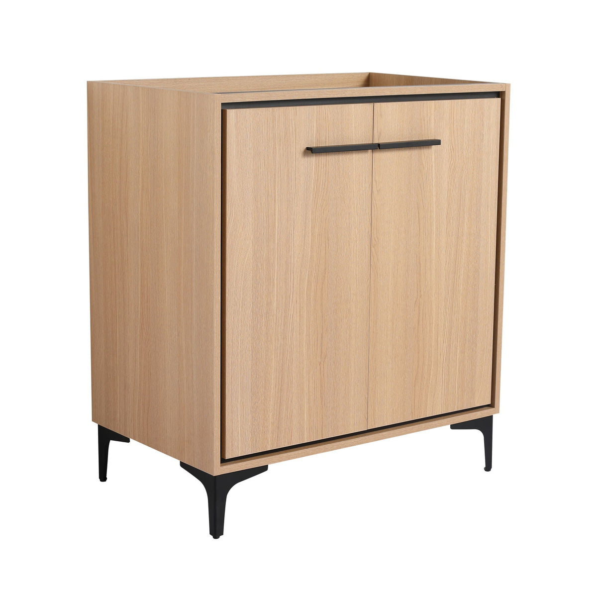 Modern bathroom vanity in light brown wood with soft closing doors, black handles on legs on Tampa Home & Garden Store