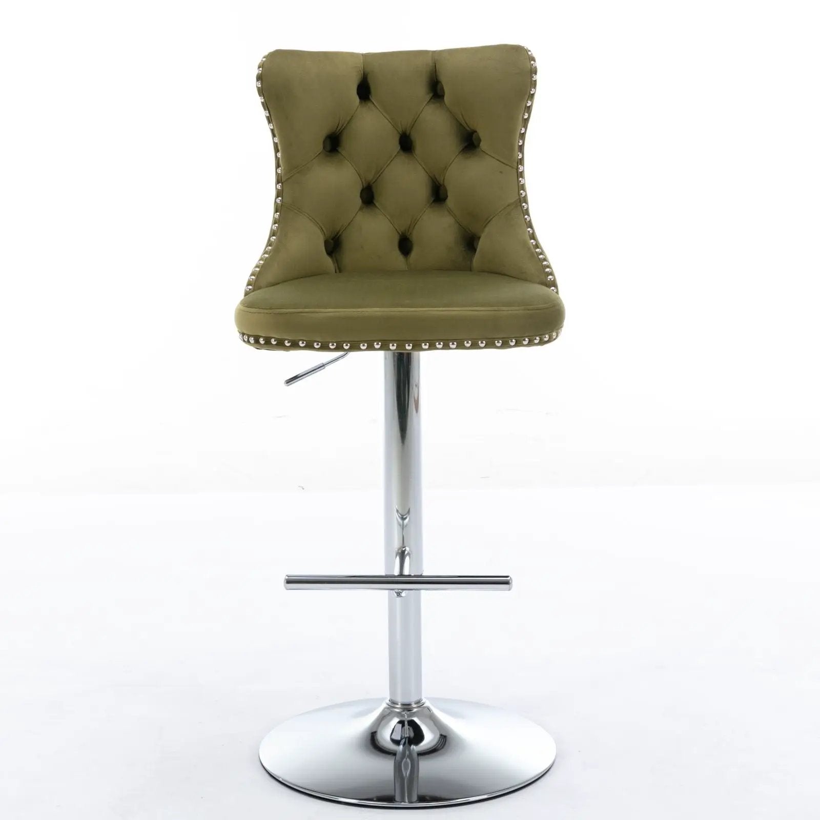 Olive tufted swivel bar stool with nailhead trim, adjustable height, chrome pedestal base on Tampa Home & Garden Store
