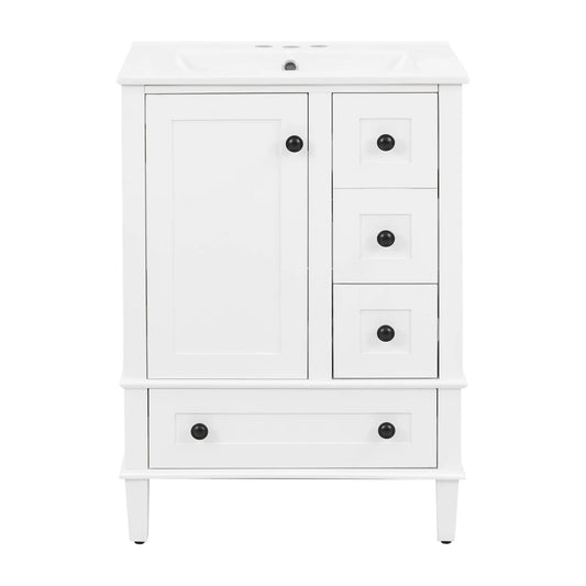 White bathroom vanity with integrated basin, door and right stacked drawers, black knobs on Tampa Home & Garden Store