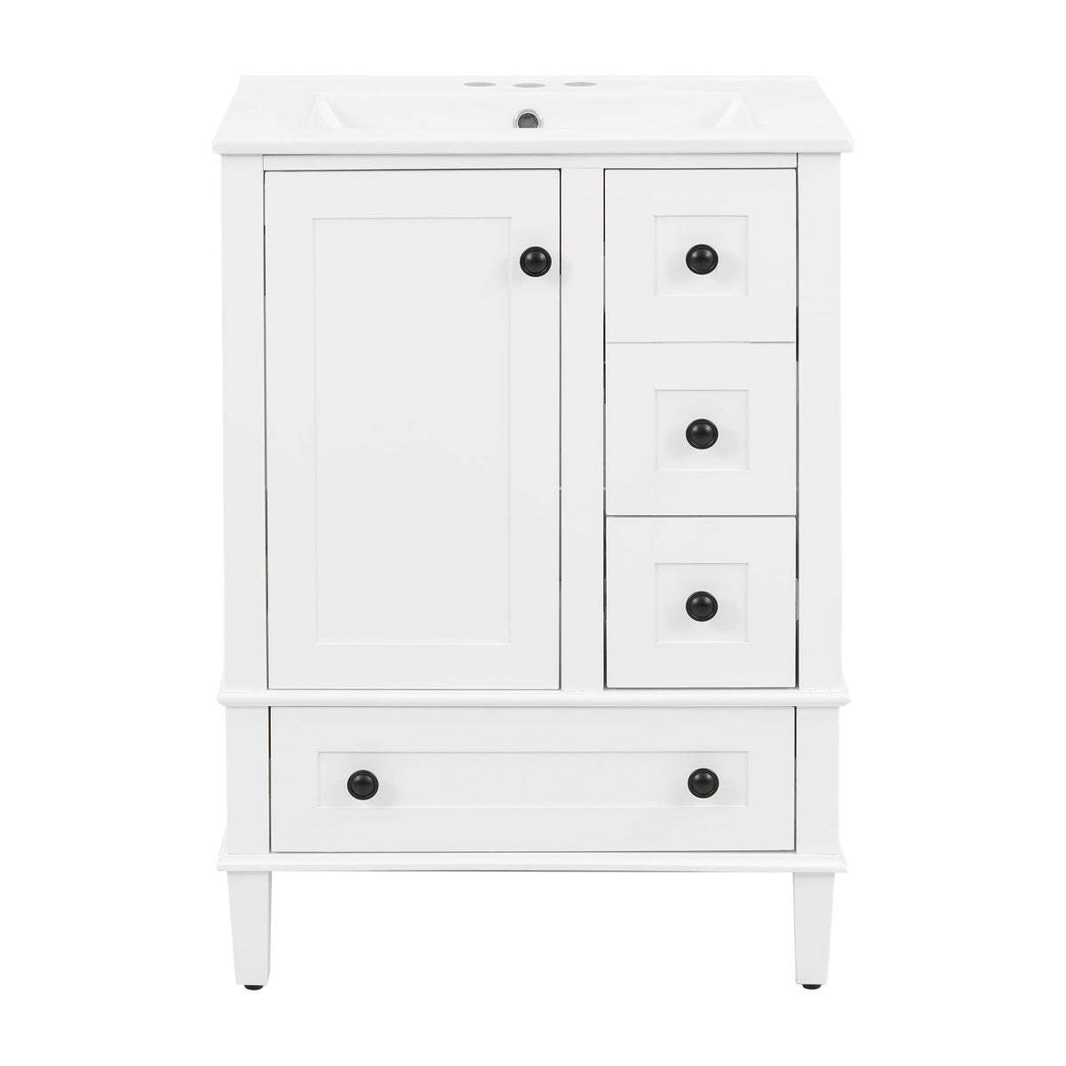 White bathroom vanity with integrated basin, left door and right 3-drawer unit with black knobs on Tampa Home & Garden Store
