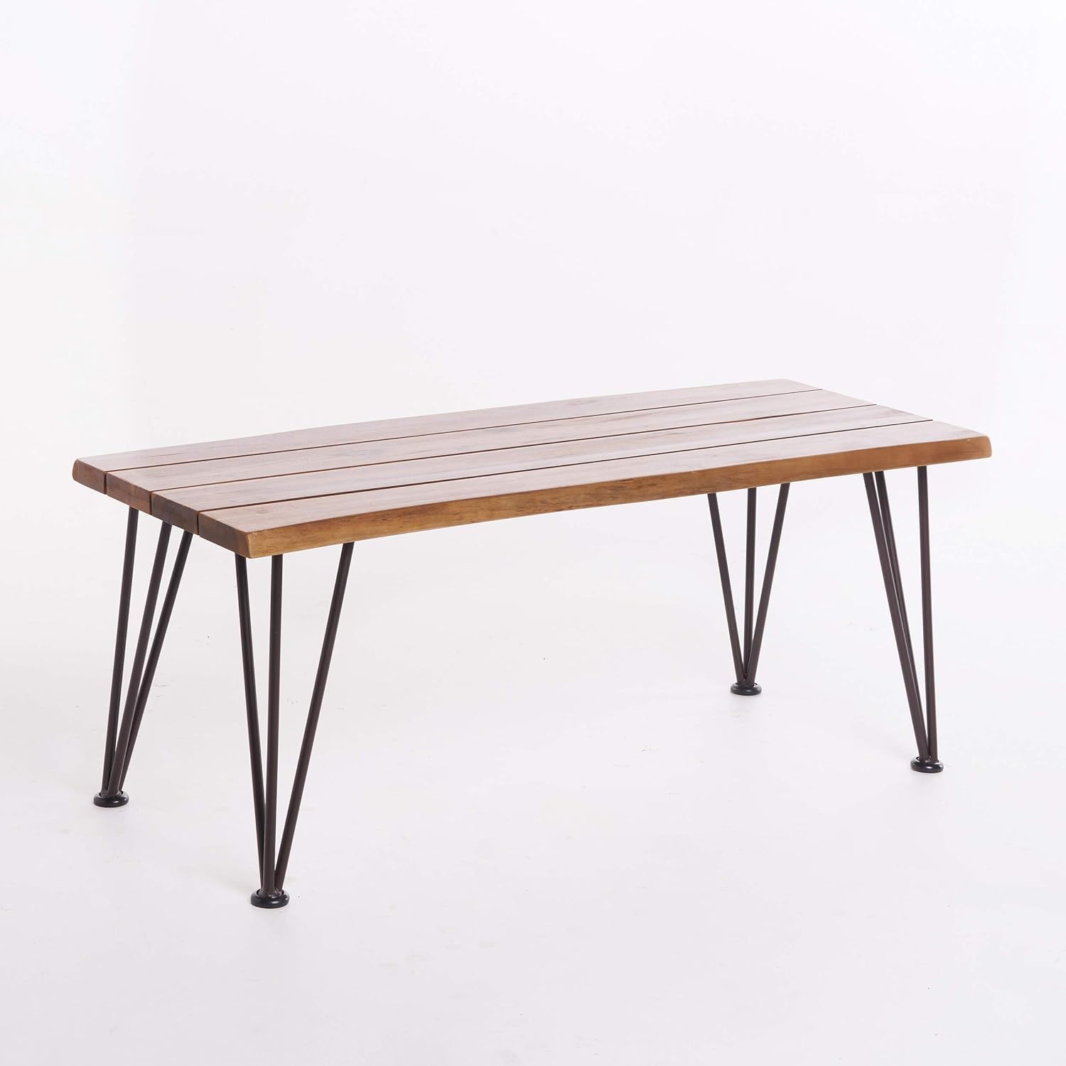 Zion Outdoor Industrial Iron Coffee Table with teak slatted top and black hairpin legs on Tampa Home & Garden Store