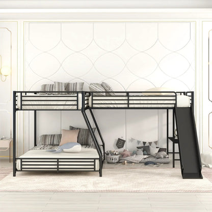 L-Shaped bunk bed in black metal with twin loft over full, built-in desk and slide on Tampa Home & Garden Store