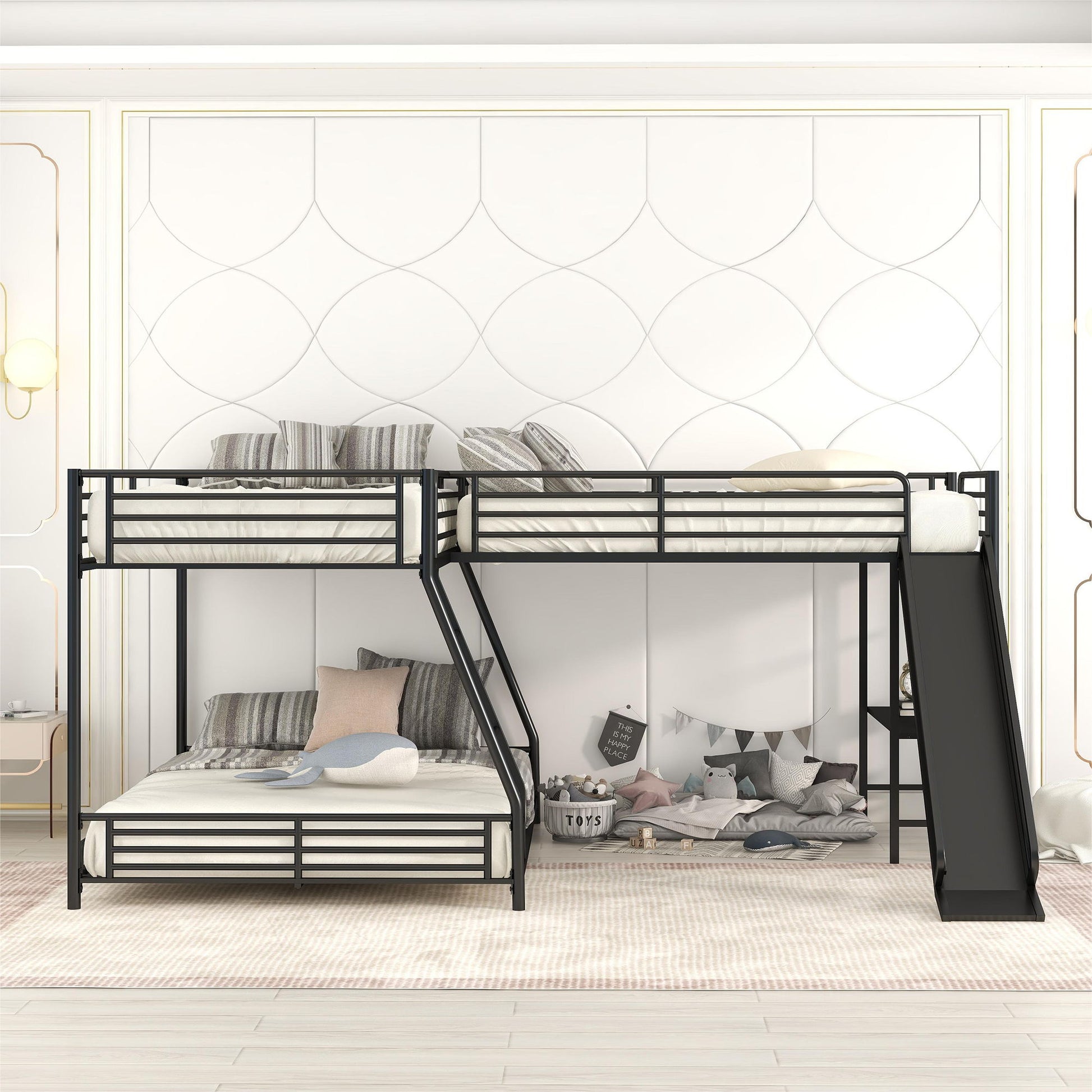 L-Shaped twin over full bunk bed in black with slide by HouseOfZazla on Tampa Home & Garden Store