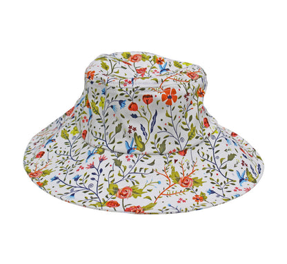 Cotton bucket sun hat in Garden of Paradise floral print, white background, Womanswork on Tampa Home & Garden Store