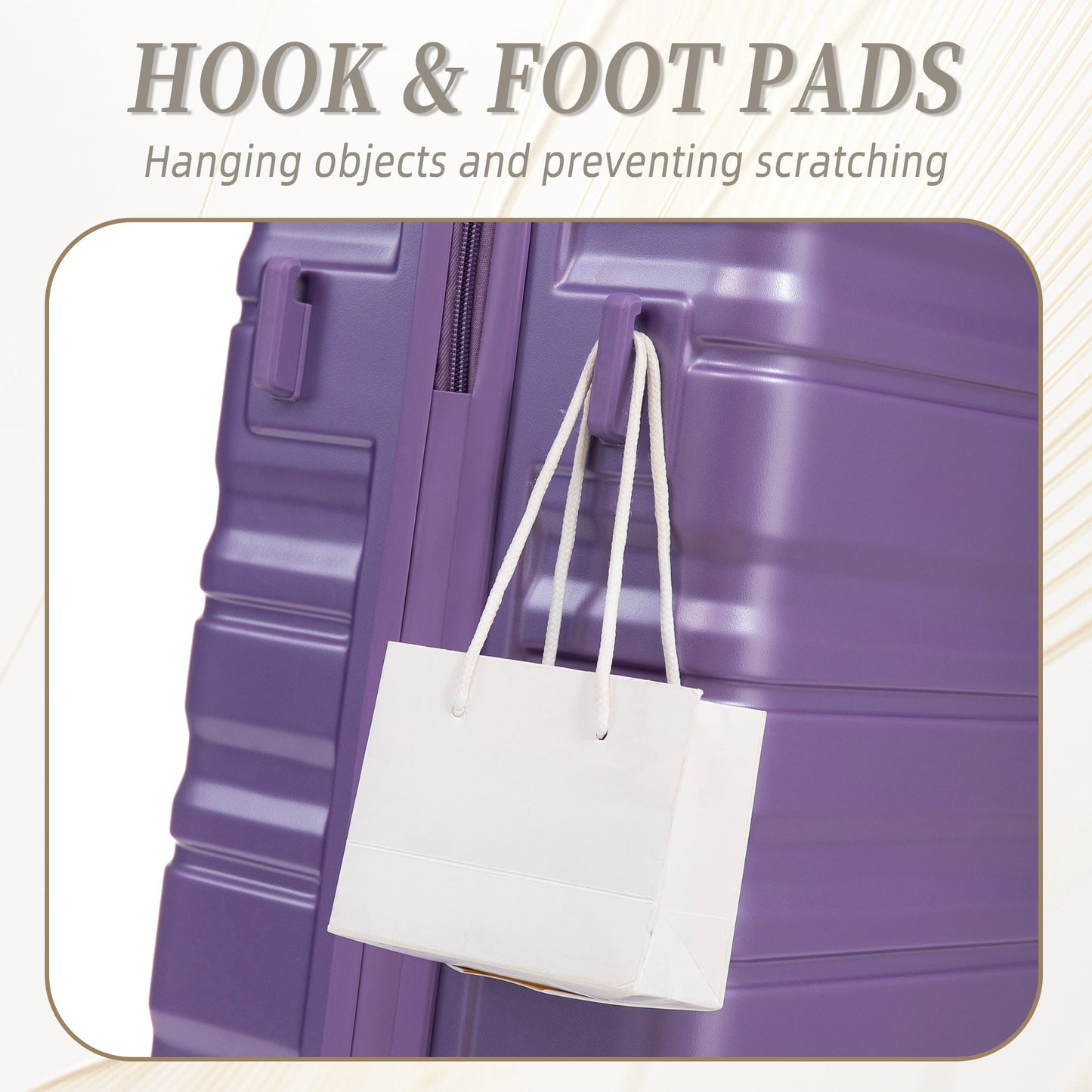HIFINE 3-piece purple ABS spinner luggage set with white shopping bag attached to handle on Tampa Home & Garden Store