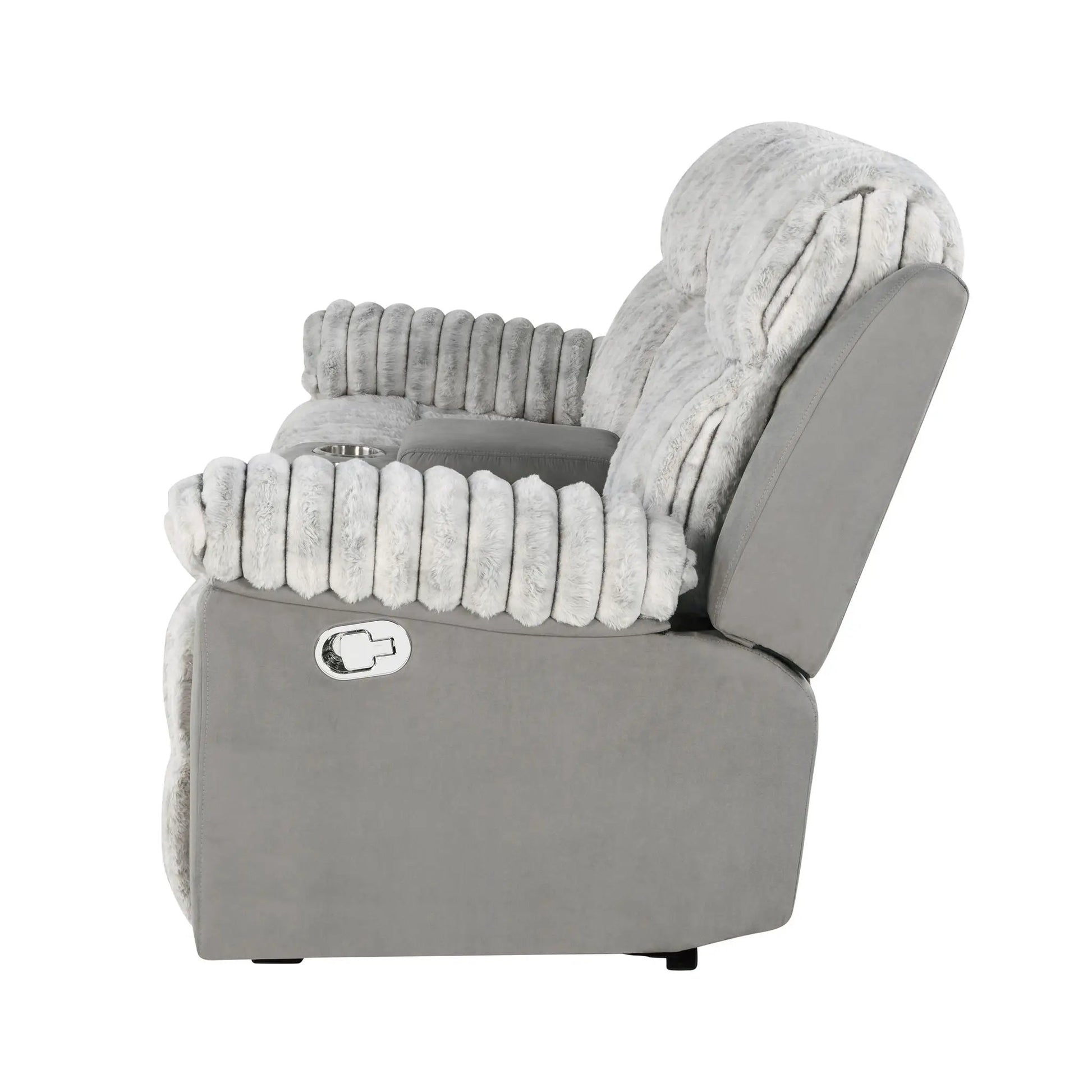 Bruni console reclining loveseat with manual recline in grey faux fur by Unique Piece Furniture on Tampa Home & Garden Store