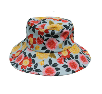 Cotton bucket sun hat in Heirloom Garden floral print; blue with red, pink, yellow blooms on Tampa Home & Garden Store
