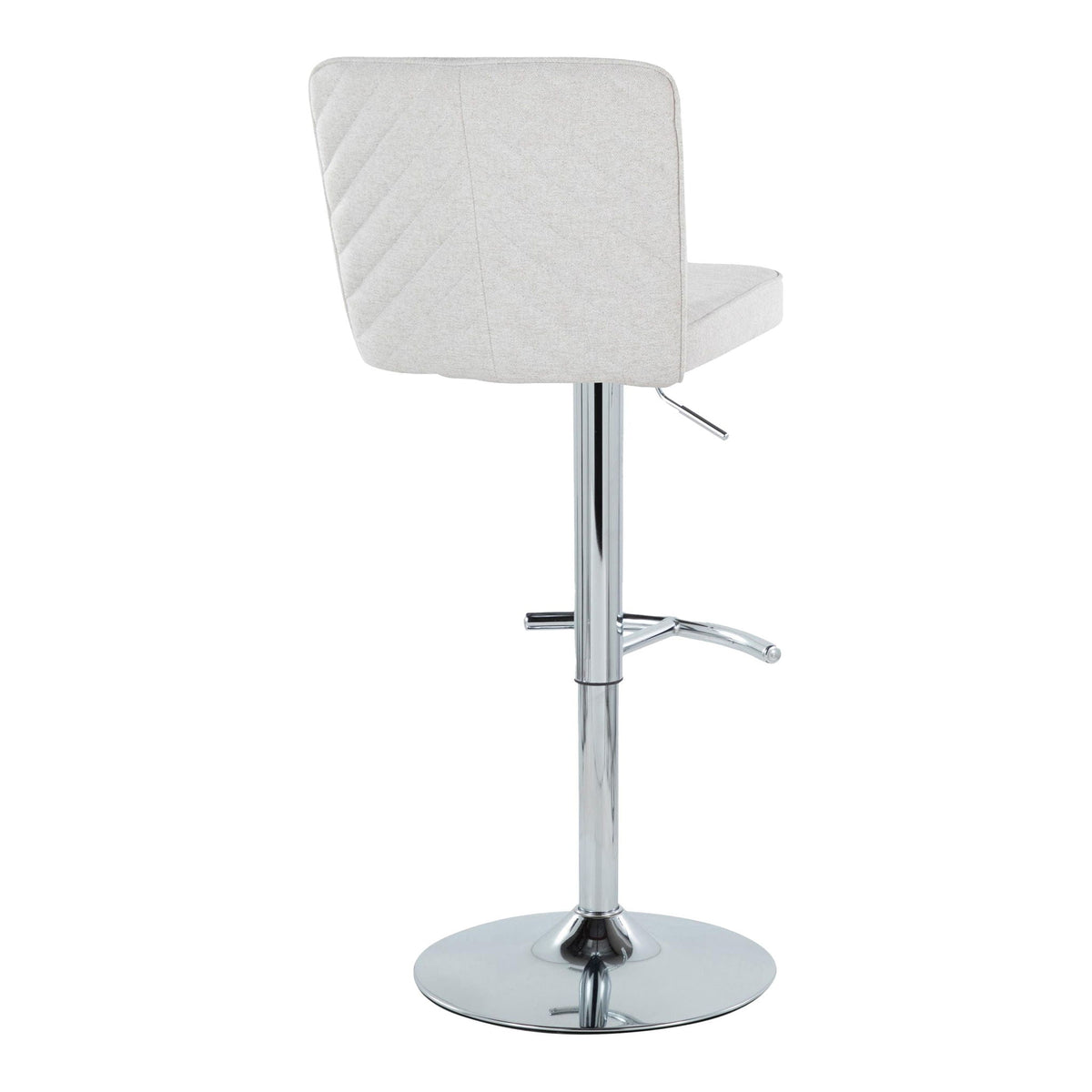 Contemporary adjustable barstool with beige fabric, chrome pedestal base and swivel on Tampa Home & Garden Store