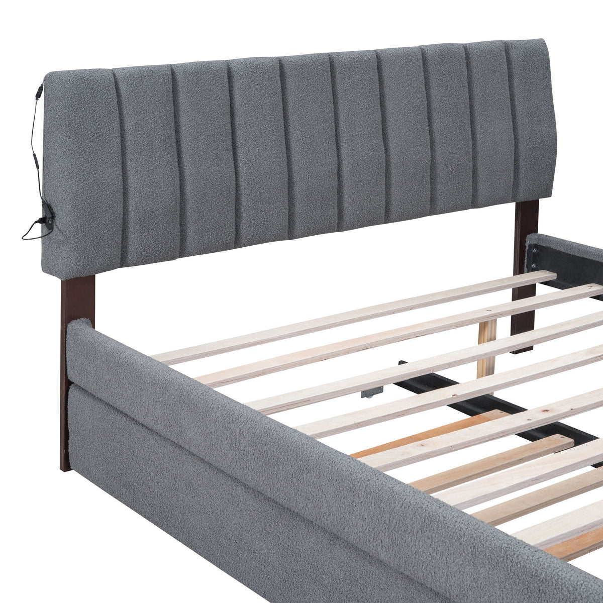 Upholstered Platform Bed With Trundle, gray fabric, vertical channel tufting, dark wood legs on Tampa Home & Garden Store