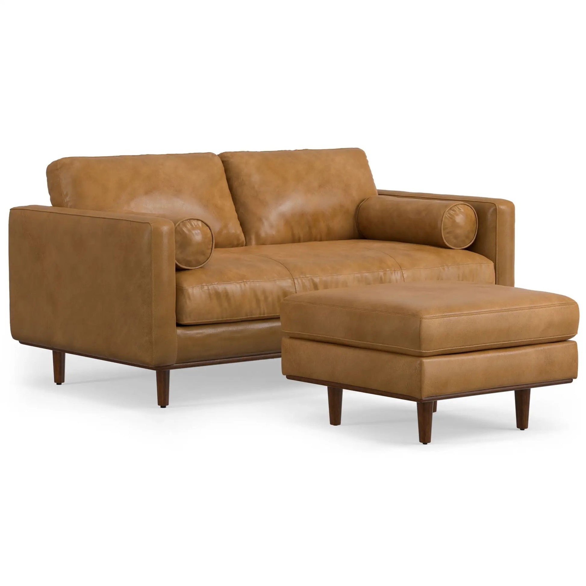 Morrison sofa and ottoman set in caramel leather with tapered wood legs, 2 pieces on Tampa Home & Garden Store