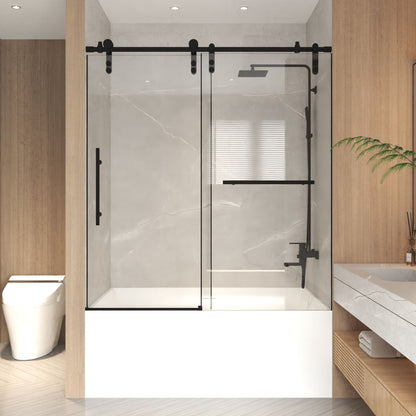 Frameless sliding bathtub door with tempered glass and black hardware by HouseOfZazla on Tampa Home & Garden Store