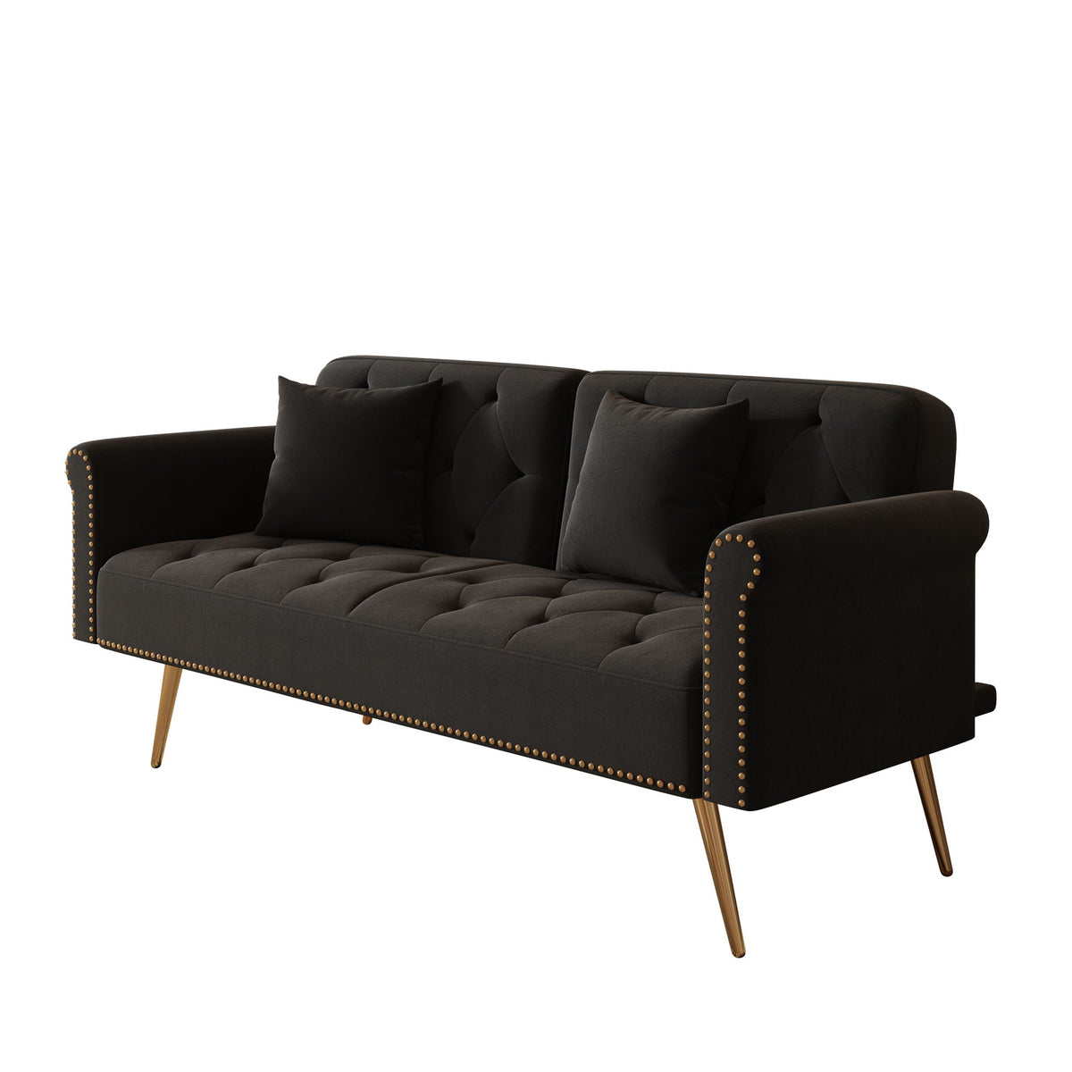 Velvet sofa bed futon with nail-head trim by HouseOfZazla in charcoal velvet and matching pillows on Tampa Home & Garden Store