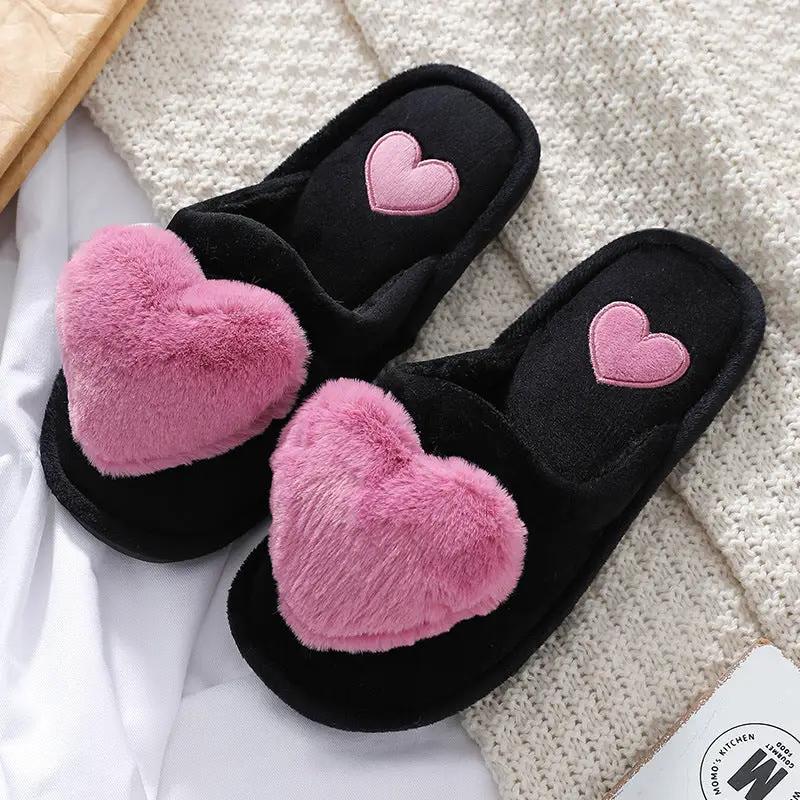 Cute love slippers, black fluffy home footwear with pink heart accents by FLIPSTYLEZLLC on Tampa Home & Garden Store