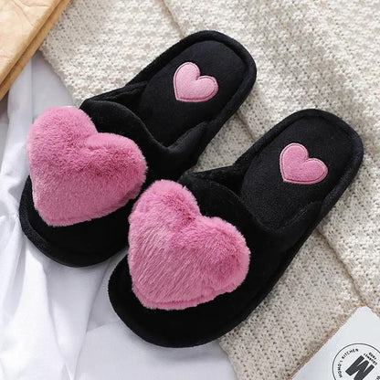 Cute love slippers, black fluffy home footwear with pink heart accents by FLIPSTYLEZLLC on Tampa Home & Garden Store