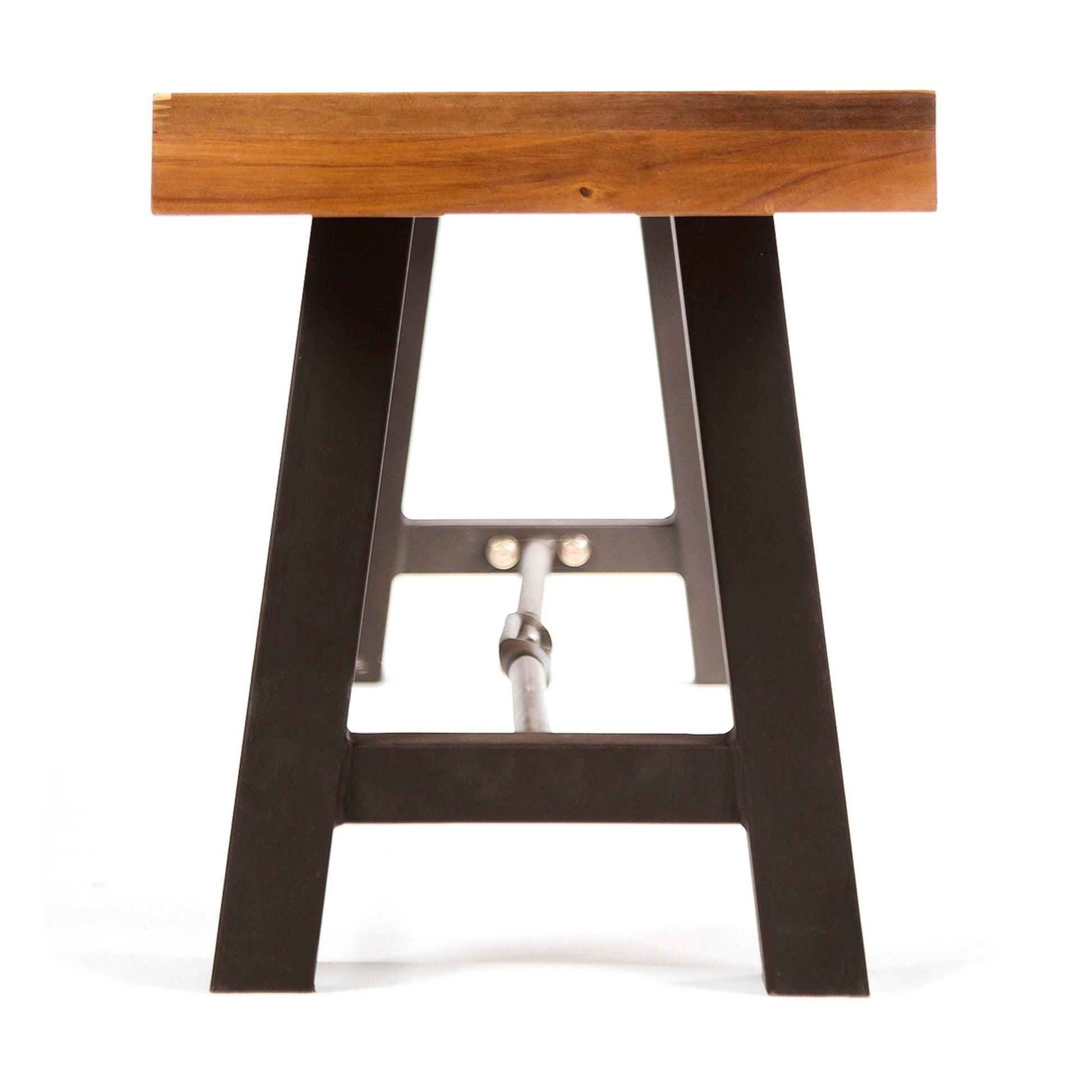 Catriona teak bench with natural wood top and dark metal legs on Tampa Home & Garden Store