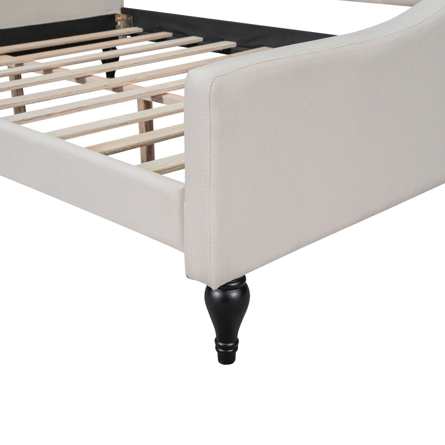 Upholstered daybed beige fabric with black turned leg and exposed wood slats on Tampa Home & Garden Store