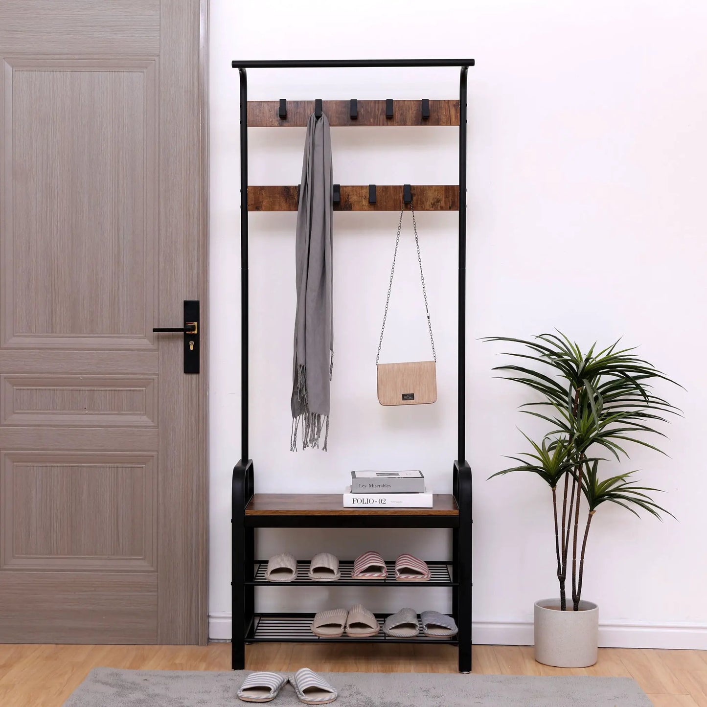 Hall Tree With Shoe Bench and 9 Removable Hooks
