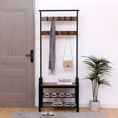 Hall Tree With Shoe Bench and 9 Removable Hooks