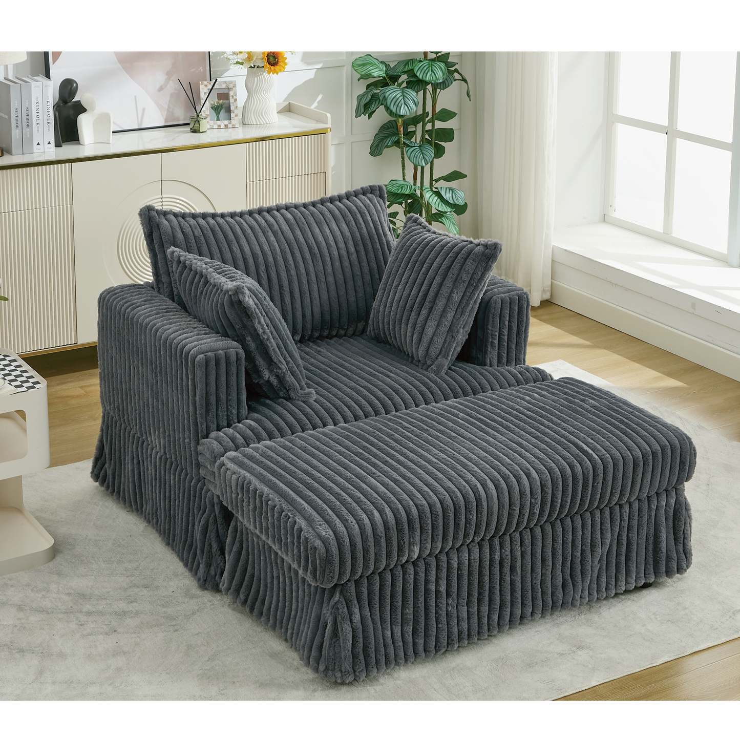 Oversized corduroy chaise lounge with ottoman in dark gray, ribbed texture on Tampa Home & Garden Store
