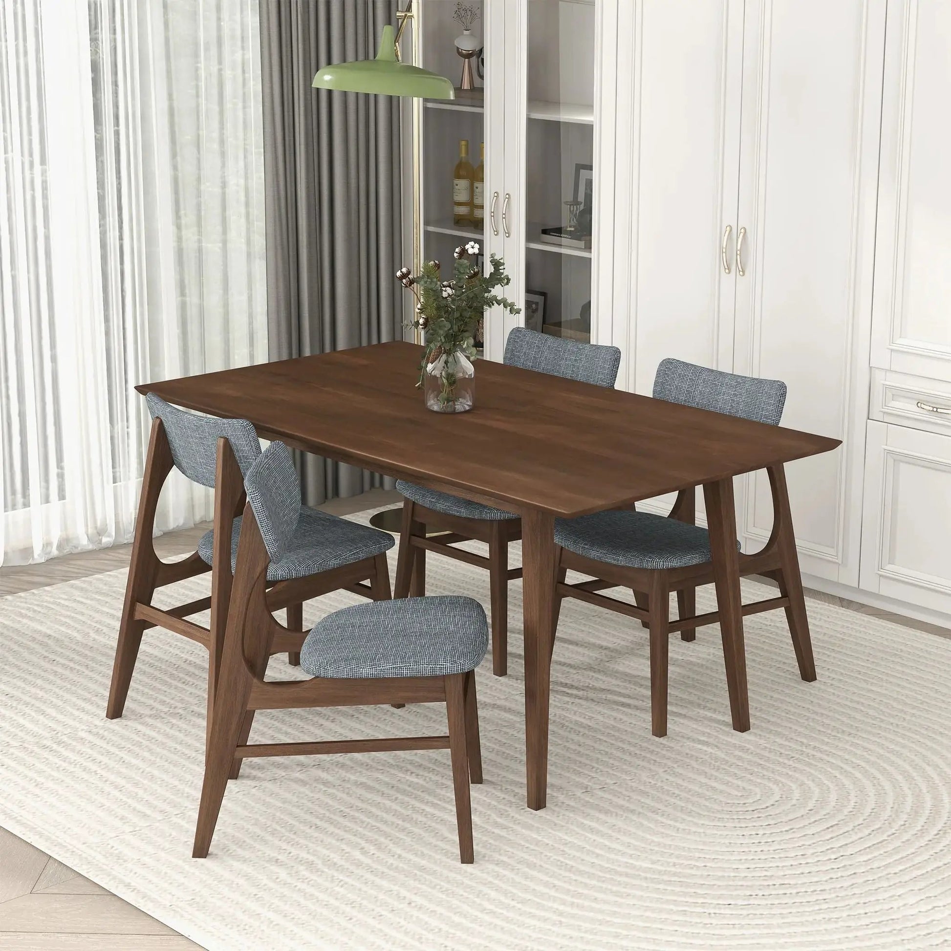 Mary - Modern Style Rectangular Dining Kitchen Table in walnut with blue gray upholstered chairs on Tampa Home & Garden Store