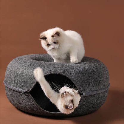 Sell My Stuff round grey wool felt cat nest tunnel dual-use interactive toy with two cats on Tampa Home & Garden Store