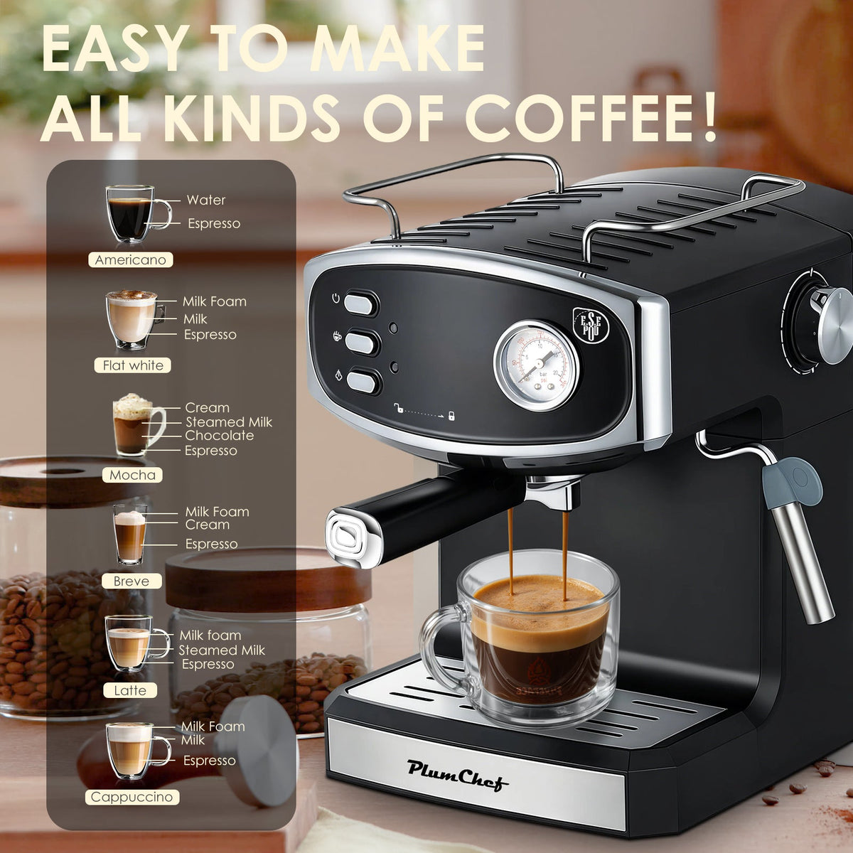 Espresso Machine 20 Bar, semi-automatic, black with chrome accents PlumChef by HouseOfZazla on Tampa Home & Garden Store