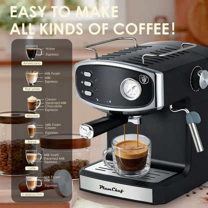 Espresso Machine 20 Bar, semi-automatic, black with chrome accents PlumChef by HouseOfZazla on Tampa Home & Garden Store