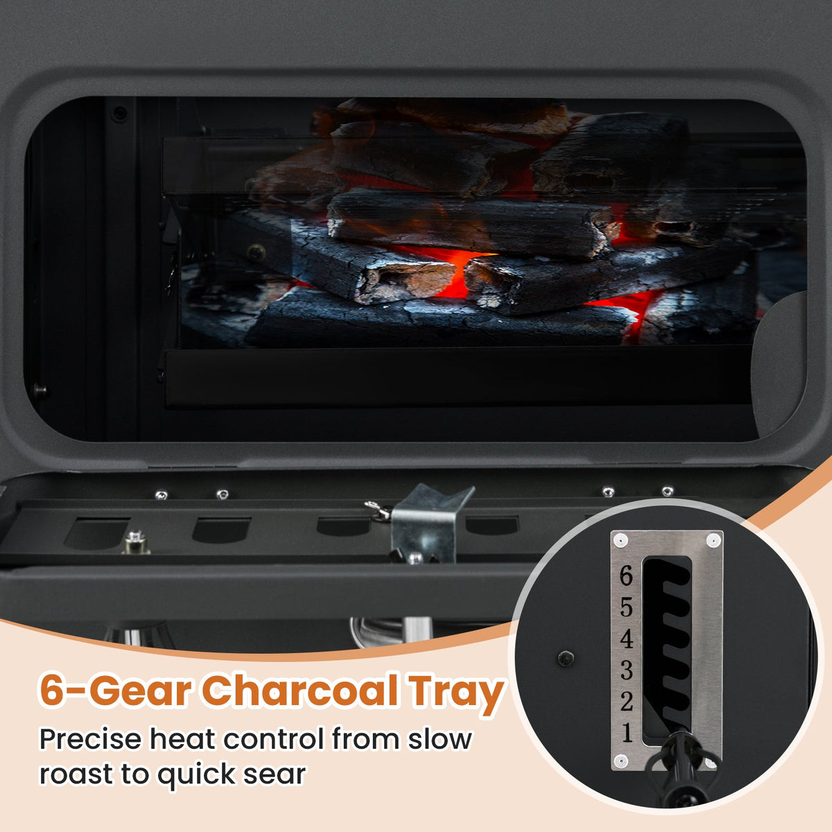 24-Inch Barrel Charcoal Grill with 6-Gear Tray for precise heat control inside chamber on Tampa Home & Garden Store