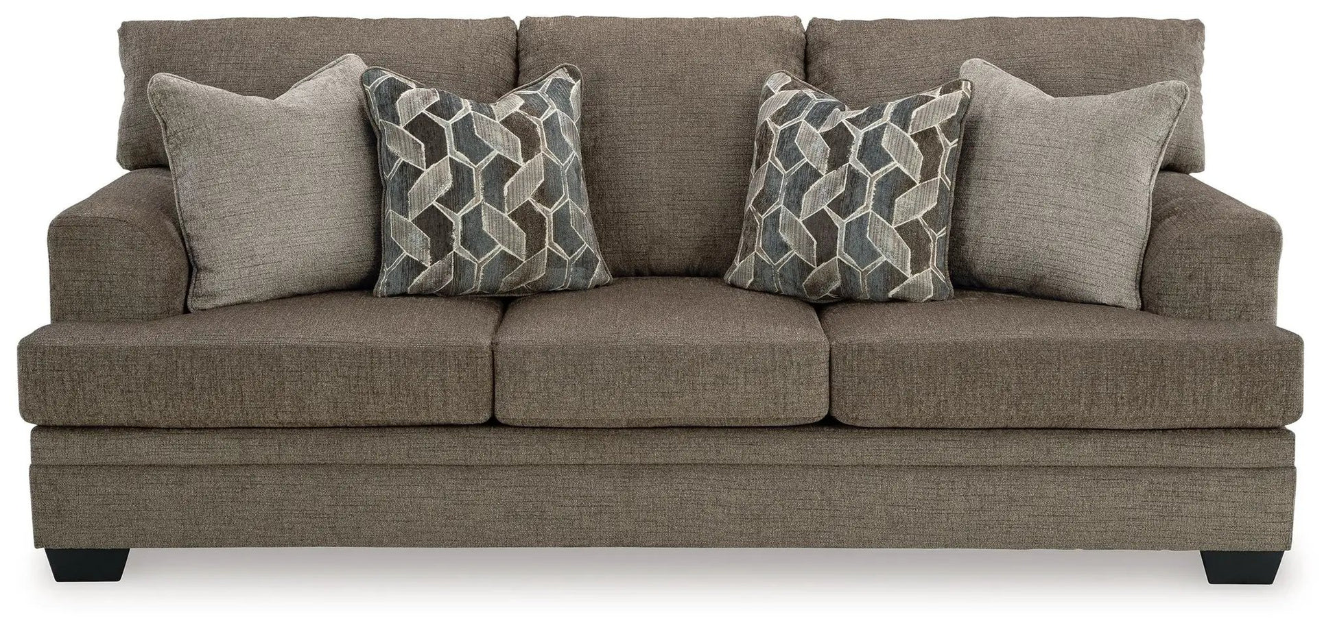 Stonemeade stationary sofa in taupe textured fabric with 2 geometric-pattern pillows on Tampa Home & Garden Store