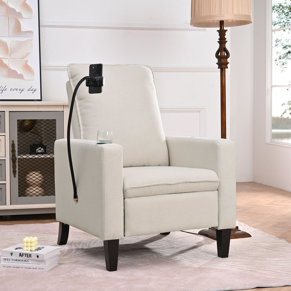 Pair of beige fabric recliners with built in phone and cup holders, dark wood legs on Tampa Home & Garden Store