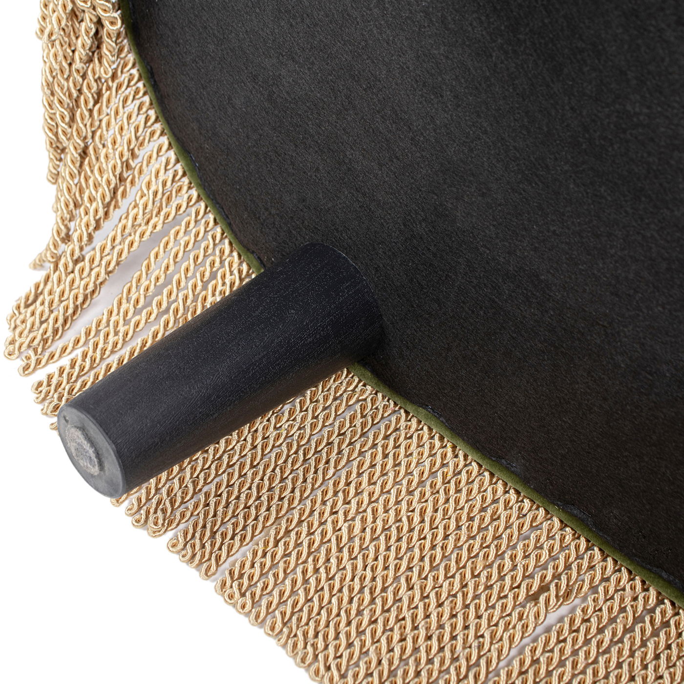 Serena oval storage bench ottoman, black velvet top with green piping and gold fringe trim on Tampa Home & Garden Store
