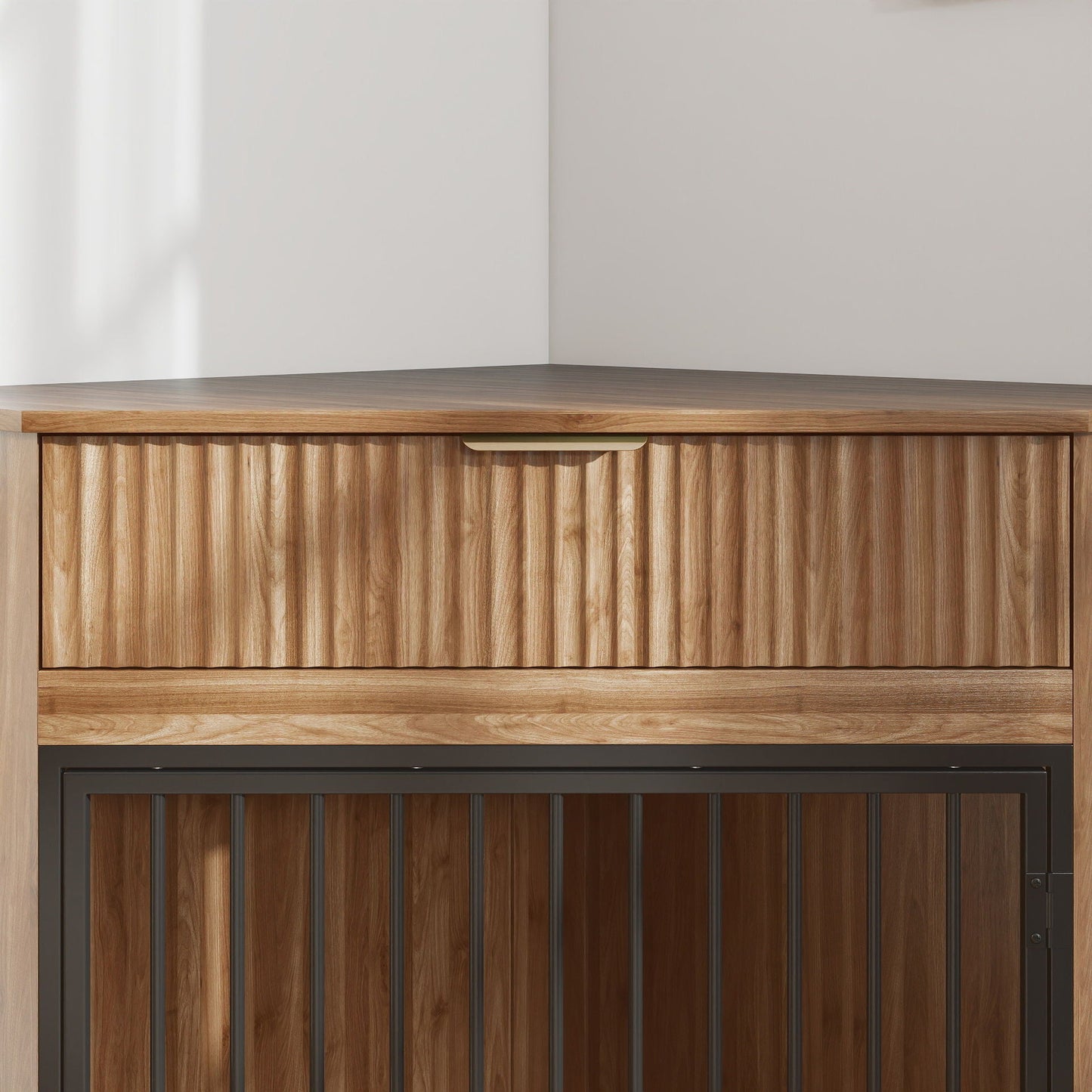 Corner Dog Crate integrated in a natural wood cabinet with black metal crate front on Tampa Home & Garden Store