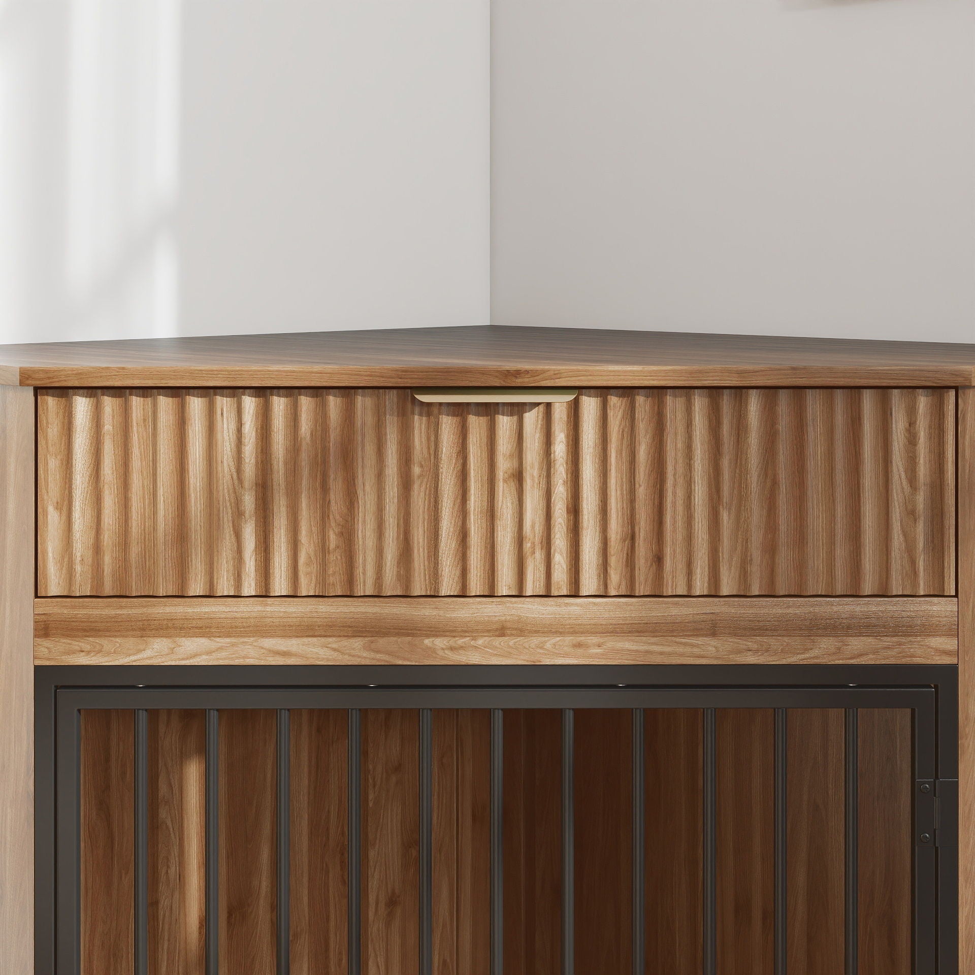 Corner Dog Crate integrated in a natural wood cabinet with black metal crate front on Tampa Home & Garden Store