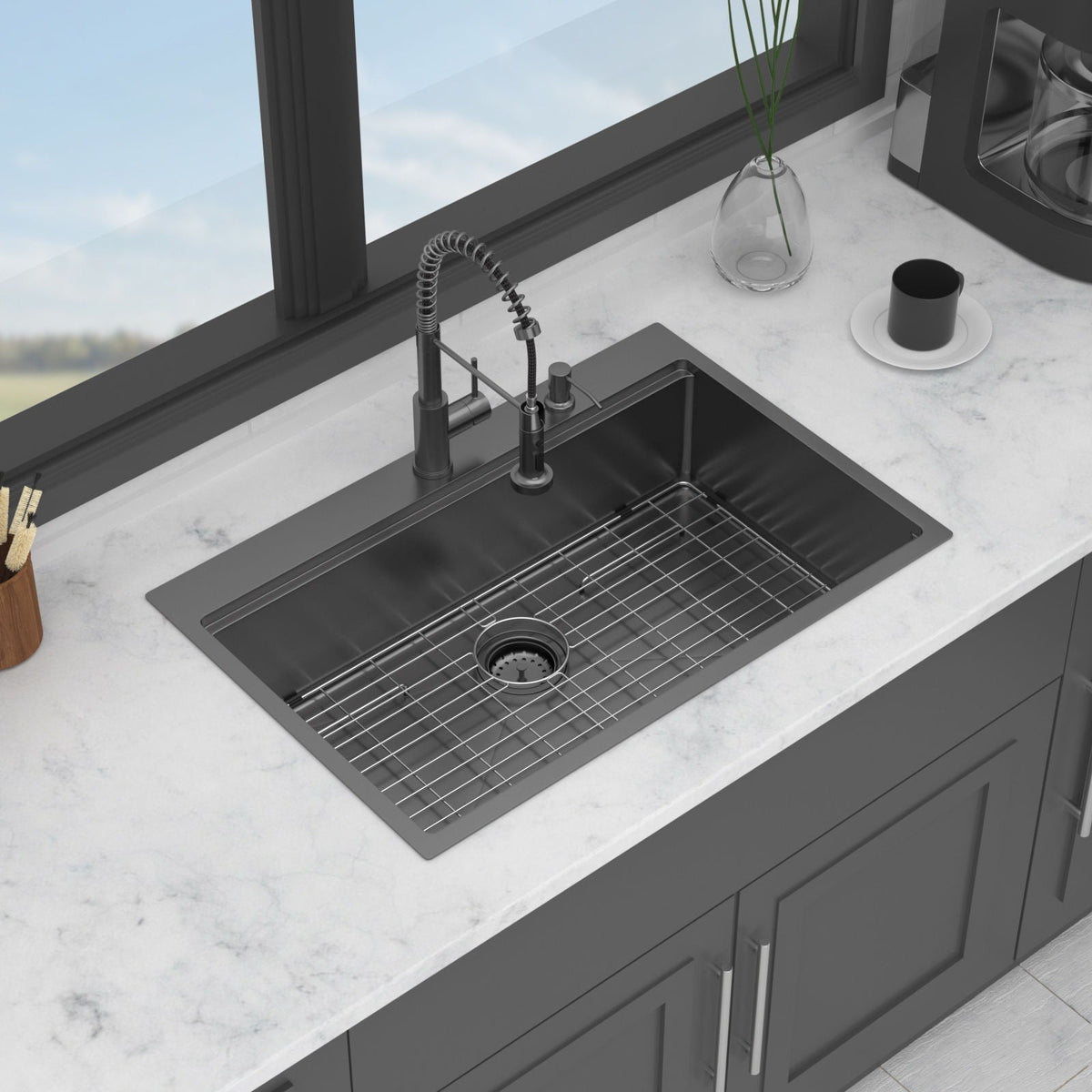 Drop-In Kitchen Sink with Pull-Out Faucet and Soap Dispenser, gunmetal black, single bowl on Tampa Home & Garden Store