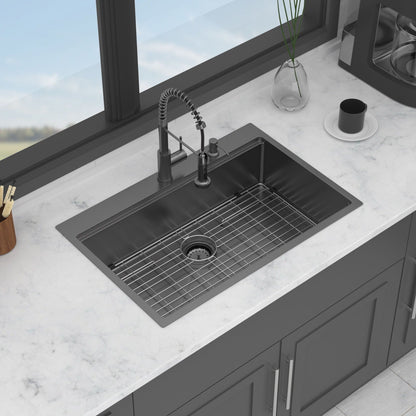 Drop-In Kitchen Sink with Pull-Out Faucet and Soap Dispenser, gunmetal black, single bowl on Tampa Home & Garden Store