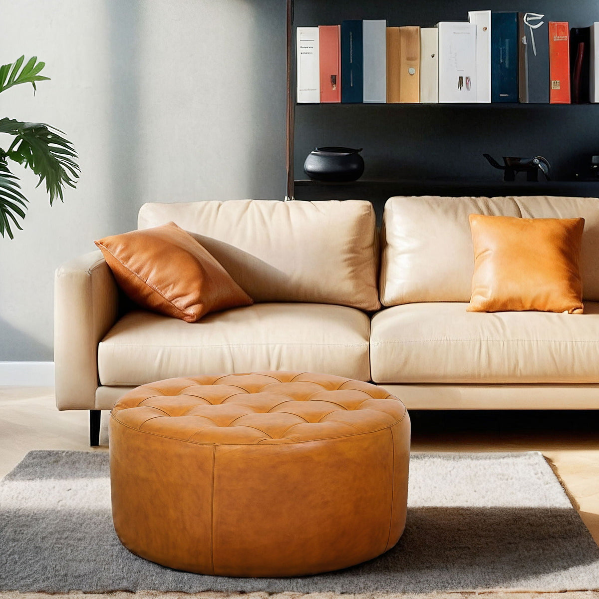 Light tan leather ottoman with tufted round seat and solid wood base by HouseOfZazla on Tampa Home & Garden Store
