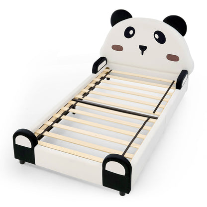 Twin size panda-shaped kids bed with velvet white headboard and black ears; wooden slat base on Tampa Home & Garden Store