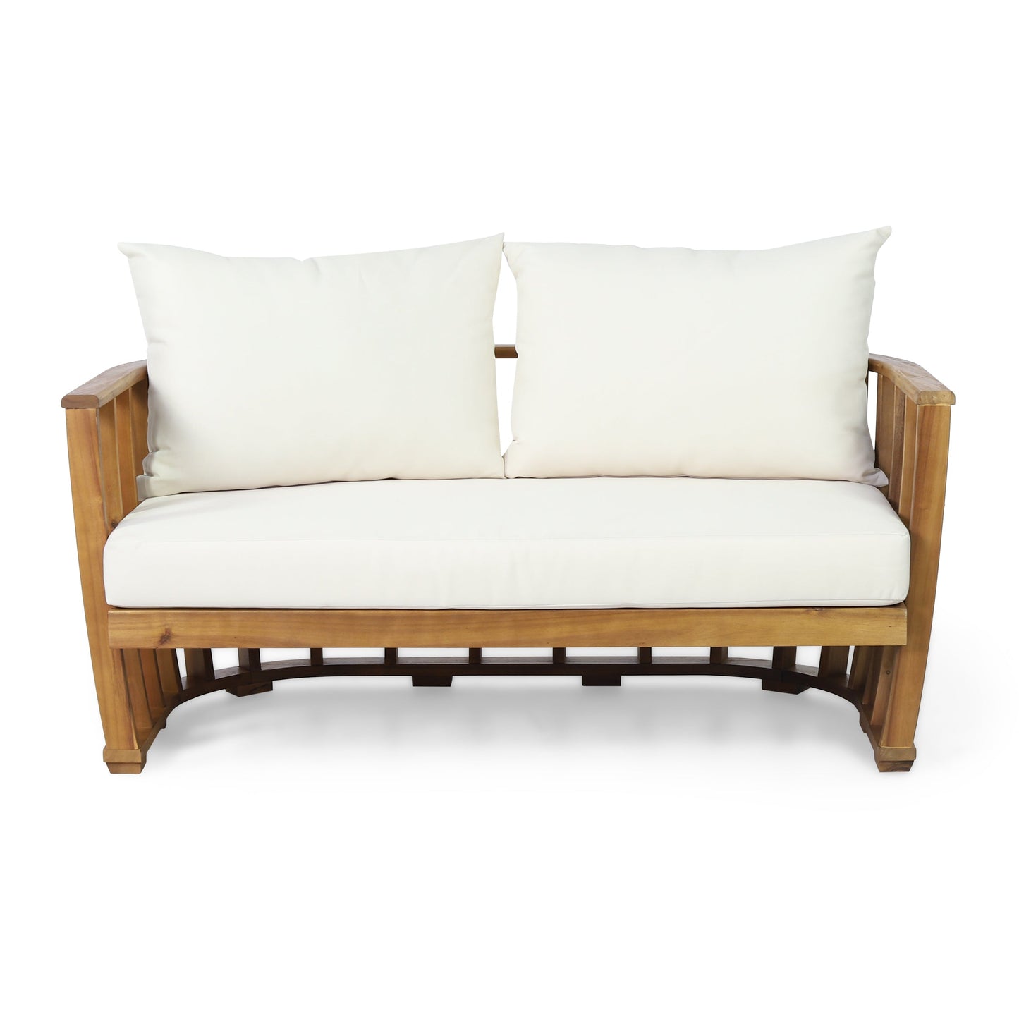 Outdoor acacia wood loveseat and coffee table set with beige cushions by HouseOfZazla on Tampa Home & Garden Store