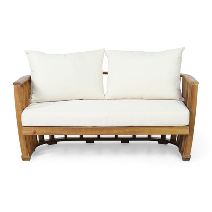 Outdoor acacia wood loveseat and coffee table set with beige cushions by HouseOfZazla on Tampa Home & Garden Store