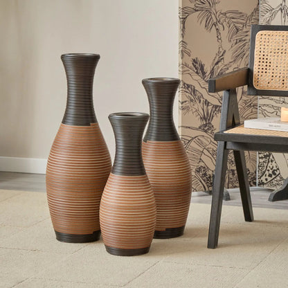 Floor vases set of 3 in dark ribbed ceramic with terracotta bases by Unique Piece Furniture on Tampa Home & Garden Store