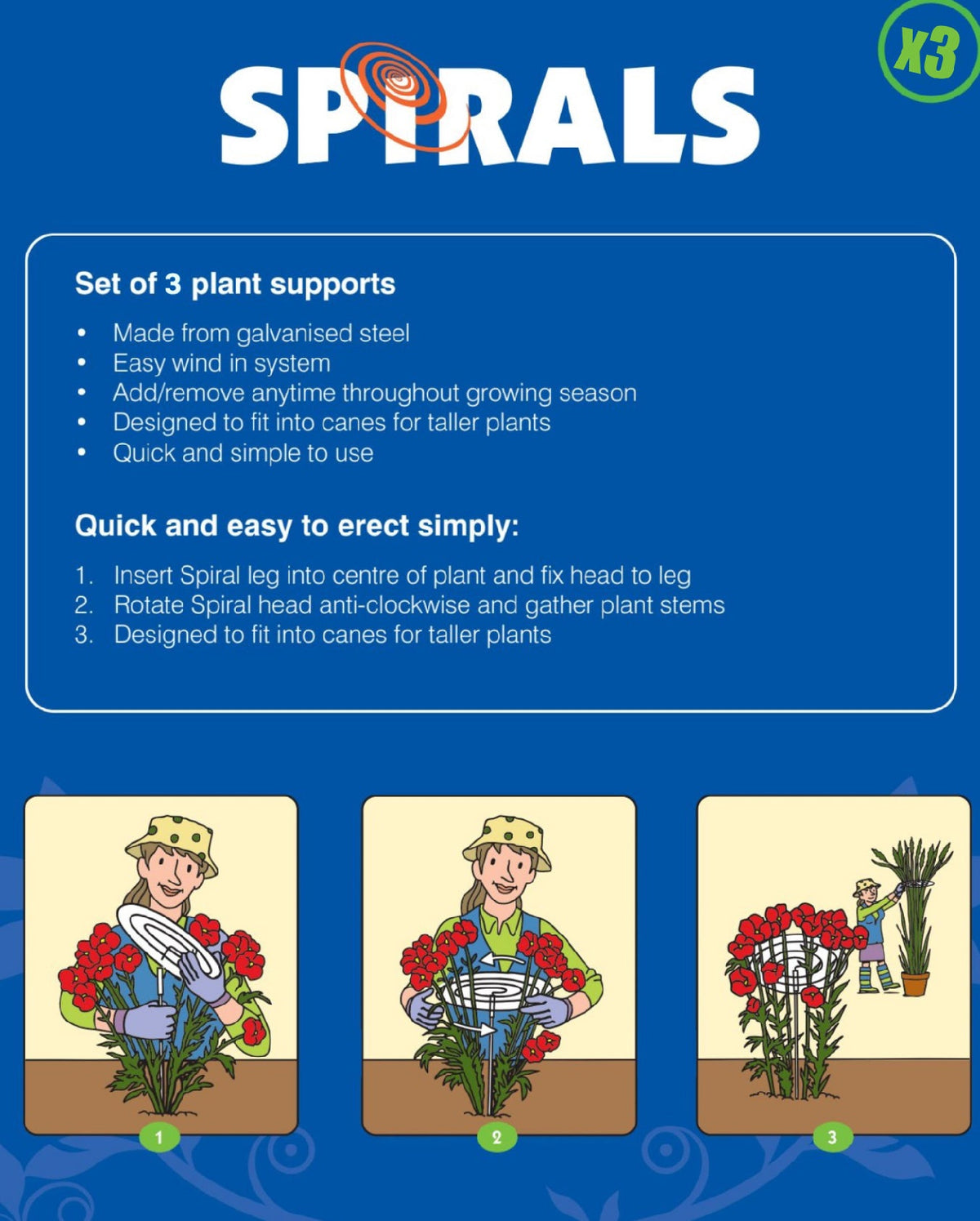 Spirals Multi-Stem Plant Supports set of 3, galvanised steel, easy wind-in system by Gourmet Gardener Corp on Tampa Home & Garden Store