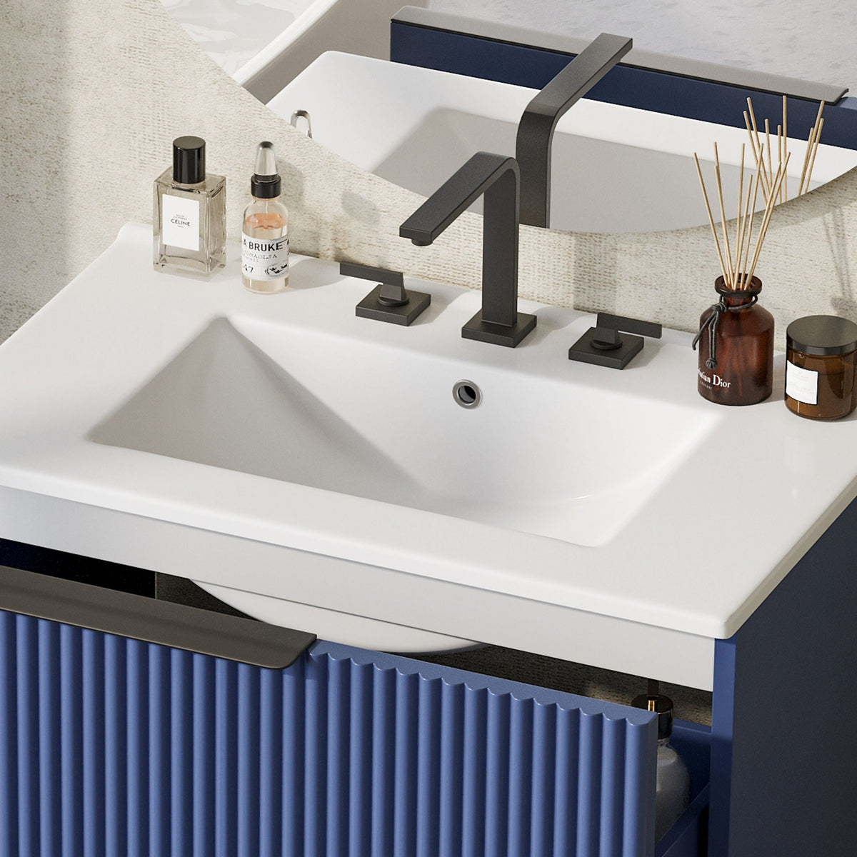 Fluted bathroom vanity with ceramic sink, dark blue ribbed cabinetry, matte black faucet on Tampa Home & Garden Store