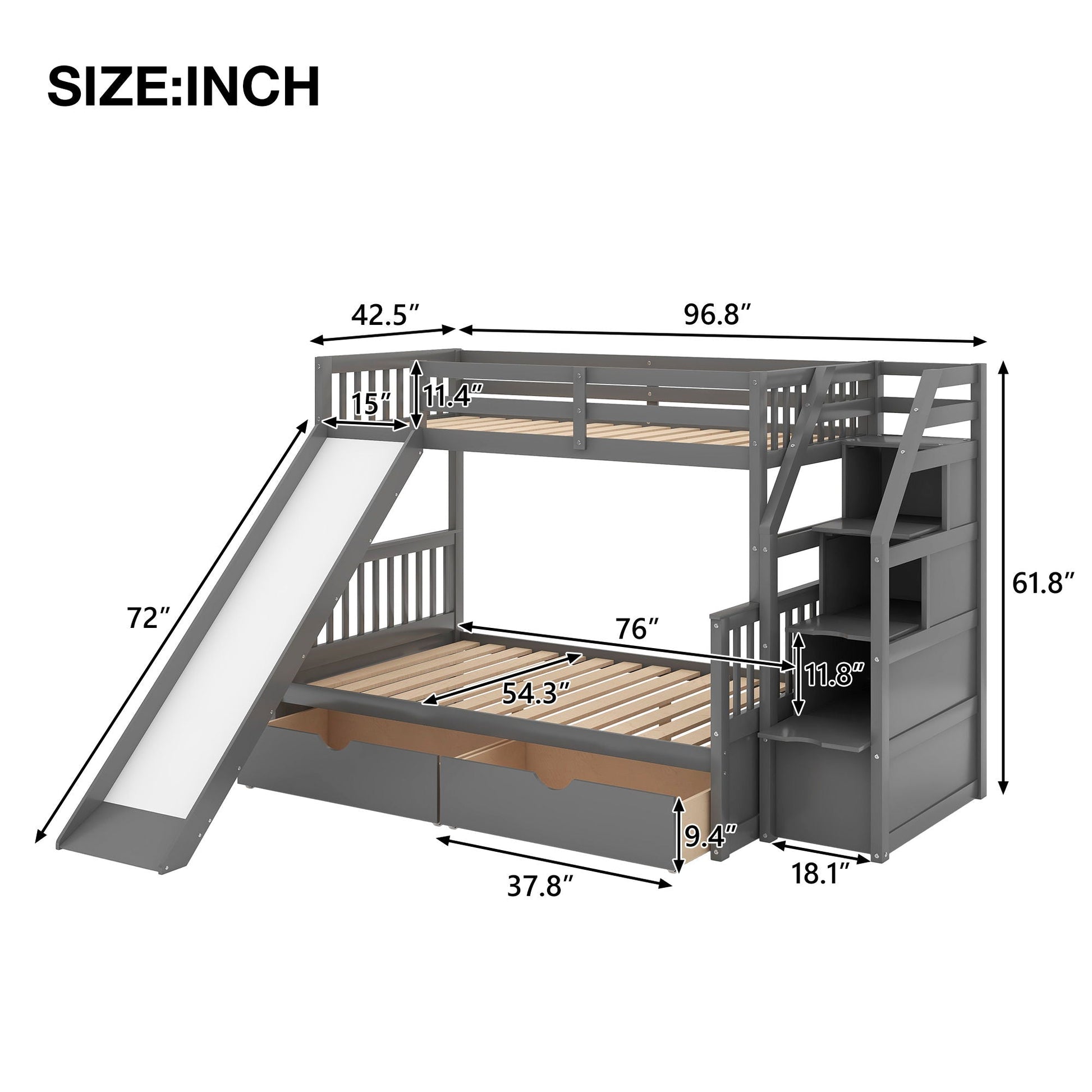 Bunk bed with storage staircase, slide, desk, drawers and shelves in gray by HouseOfZazla on Tampa Home & Garden Store