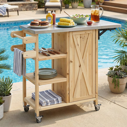 HouseOfZazla foldable kitchen island with steel top on wheels; burgers and corn poolside on Tampa Home & Garden Store