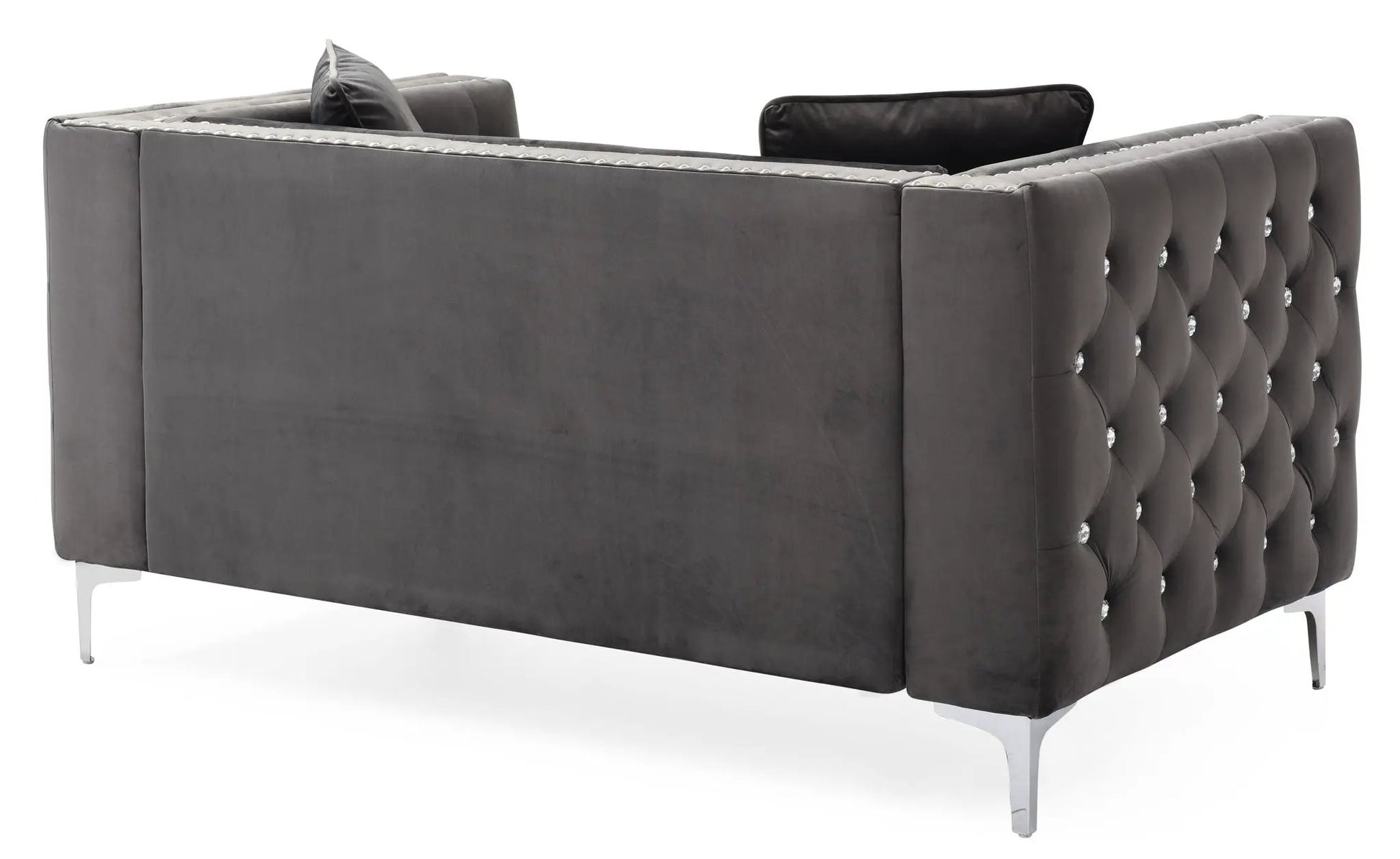 Elegant Track Arm Loveseat gray velvet with tufted crystal-button back and slim metal legs on Tampa Home & Garden Store