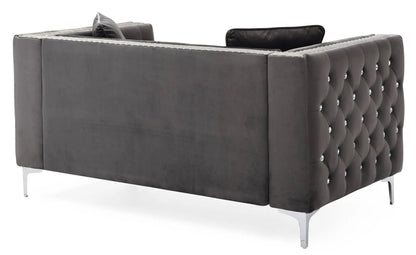 Elegant Track Arm Loveseat gray velvet with tufted crystal-button back and slim metal legs on Tampa Home & Garden Store