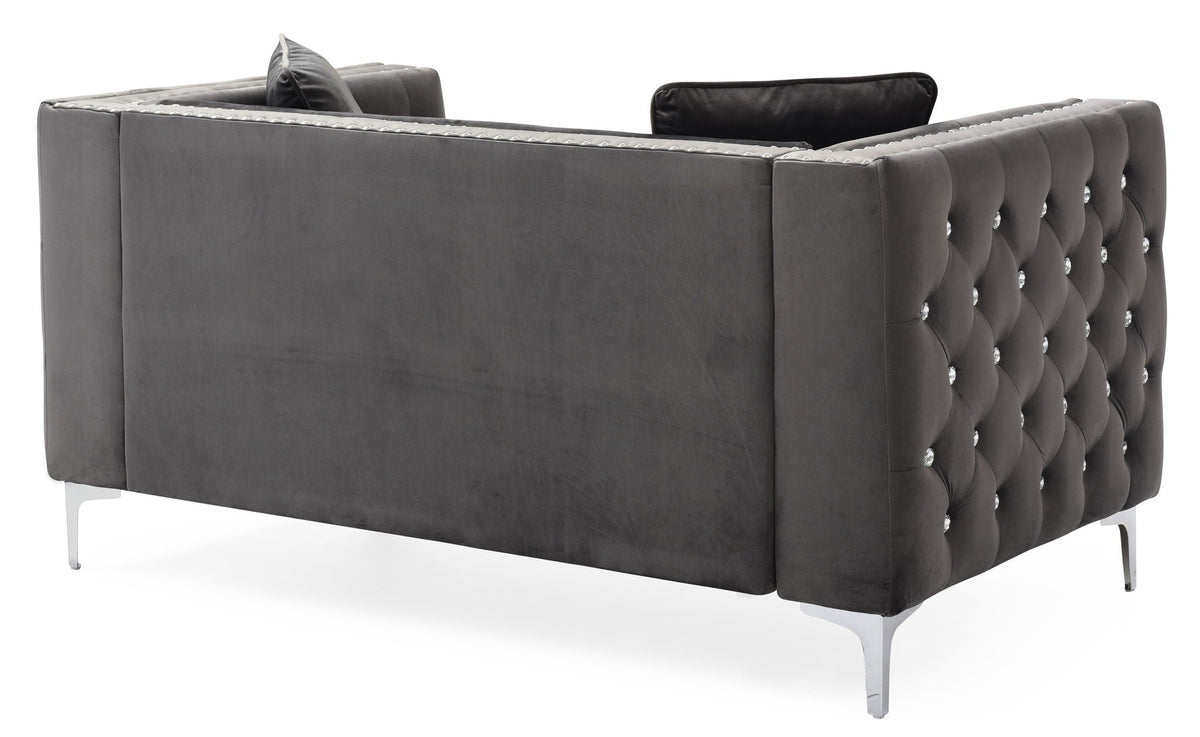 Track-arm loveseat in grey tufted micro suede with crystal buttoned sides by HouseOfZazla on Tampa Home & Garden Store
