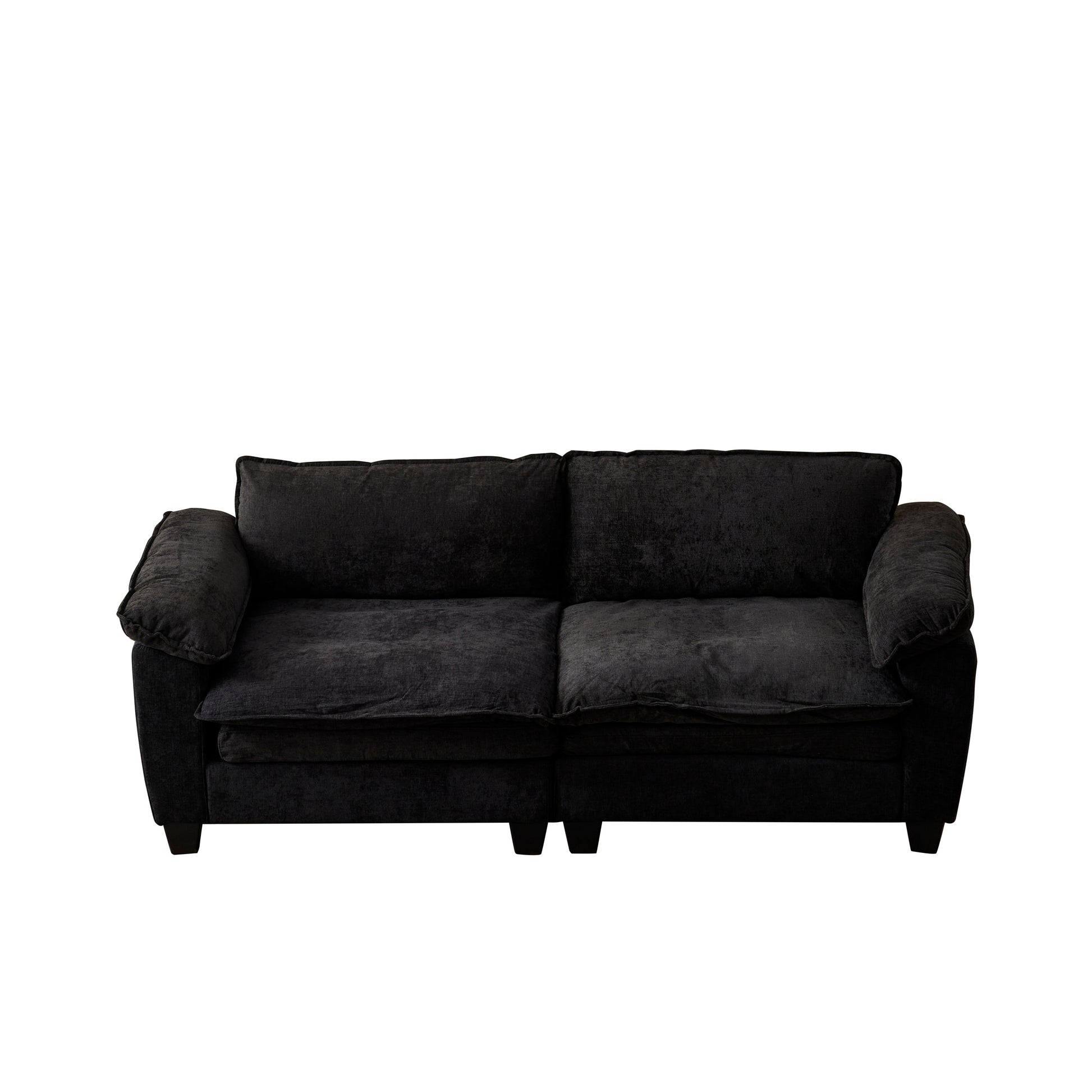 Big black chenille loveseat with plush cushions on Tampa Home & Garden Store